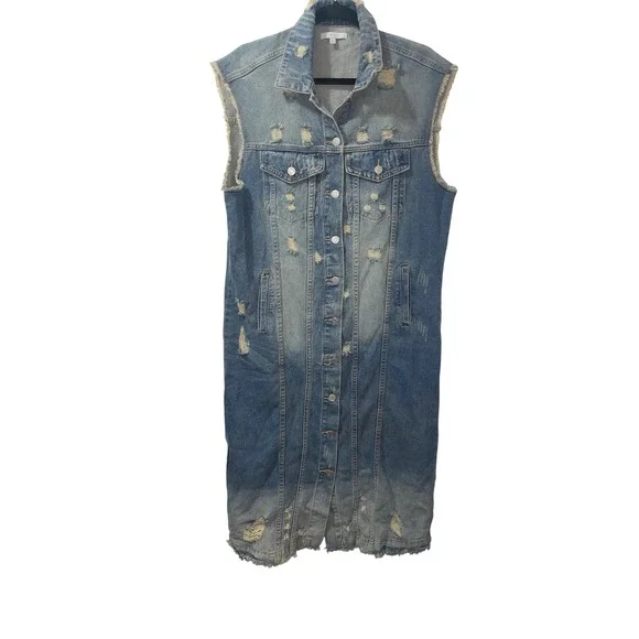 VEVERET Long Distressed Denim Vest Duster Chic Jean Jacket Blue Sz L - Picture 2 of 9